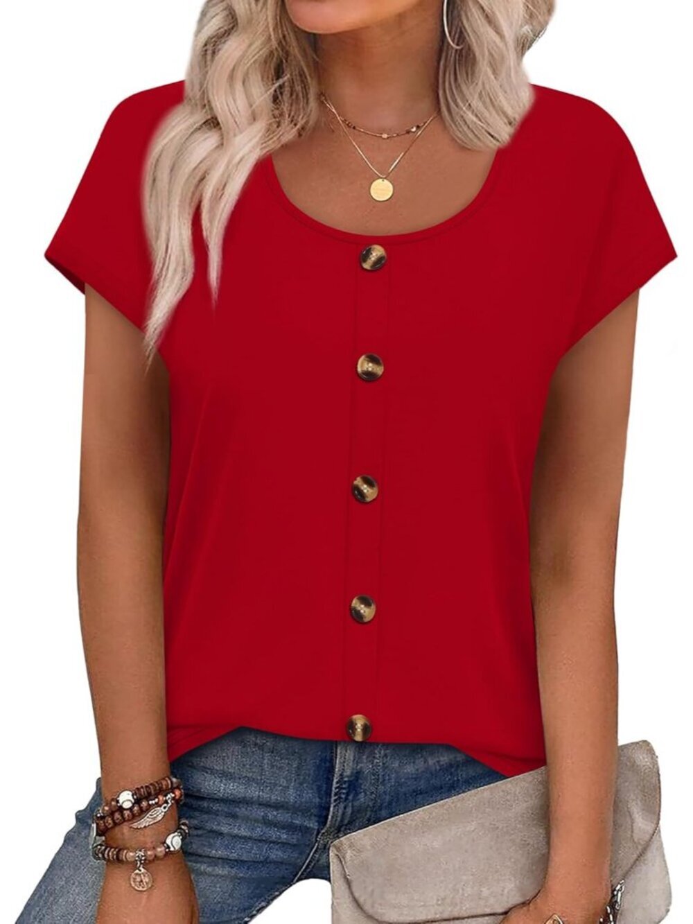 Womens Summer Tops Cap Short Sleeve Shirts Button Down Blouses U Neck T Shirts F